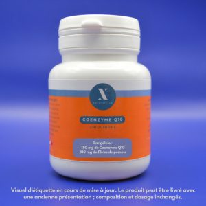 Flacon Nutrixielle Coenzyme Q10 ubiquinone, 150 mg par gélule, avec fibres de pomme.