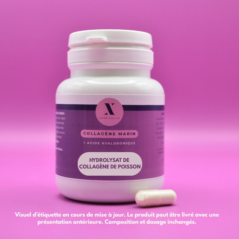 Flacon Nutrixielle Collagène marin et acide hyaluronique, avec mention hydrolysat de collagène de poisson.