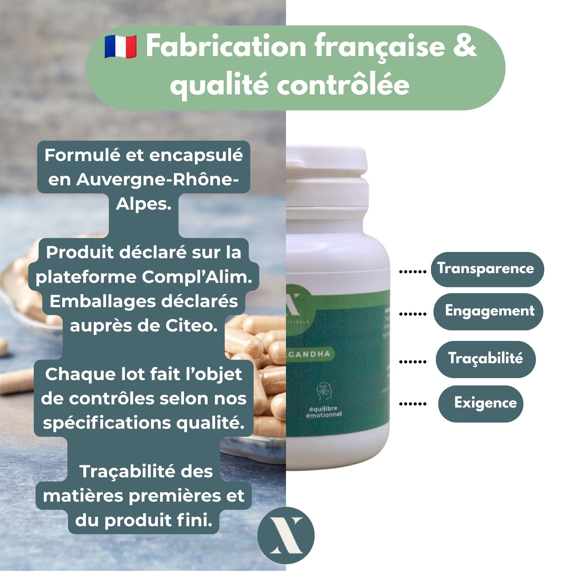 Flacon Nutrixielle Ashwagandha avec informations sur la formulation en Auvergne-Rhône-Alpes, les contrôles qualité et la traçabilité.