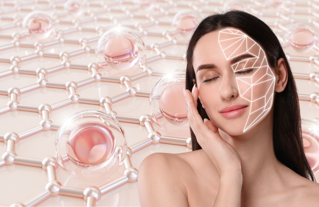 Femme avec peau lumineuse sur fond moléculaire, illustrant une routine beauté de l’intérieur avec collagène marin et acide hyaluronique.