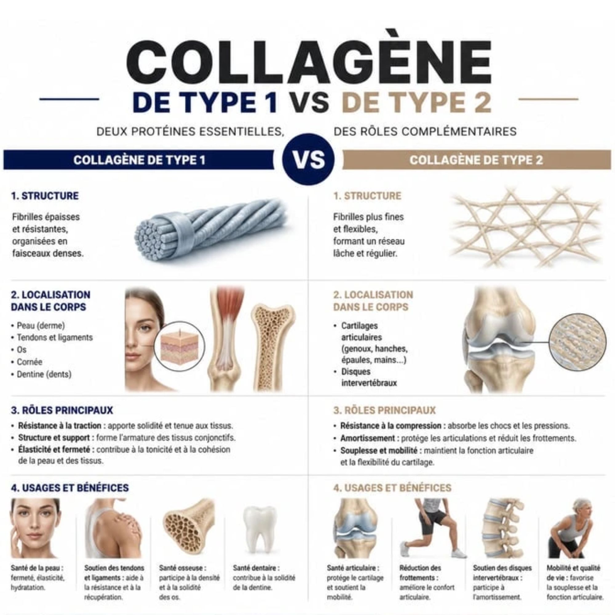 Tableau comparatif entre collagène type 1 et 2 peau et articulations - Nutrixielle