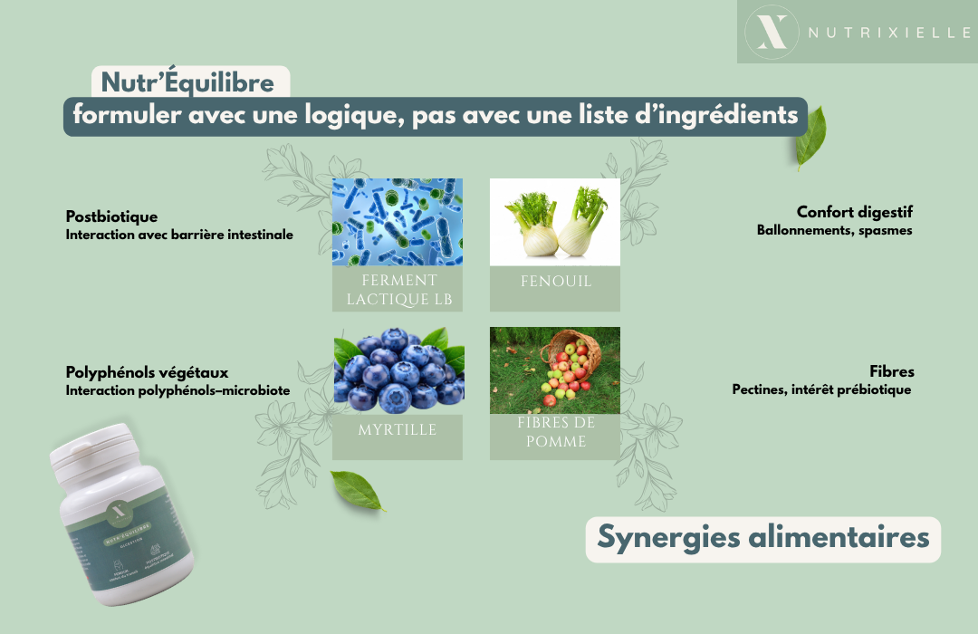 Formule Nutr’Équilibre associant ferment lactique LB postbiotique, fenouil, myrtille et fibres de pomme pour accompagner le microbiote, le confort digestif et l’équilibre intestinal.