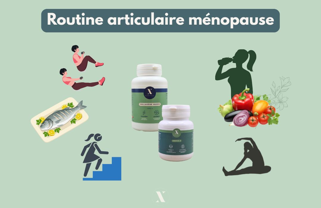 Routine articulare ménopause - douleurs genoux hanches bassin mains cervicales dos Douleurs articulaires ménopause - alimentation sport - collagène & omega3 Nutrixielle