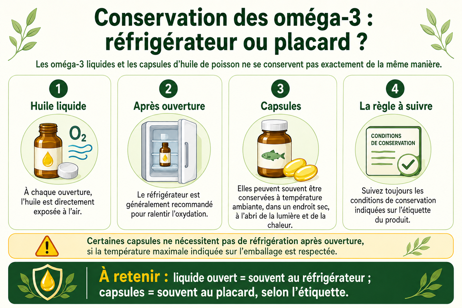 Infographie sur la conservation des oméga-3 : huile liquide au réfrigérateur après ouverture, capsules souvent au placard selon l’étiquette.