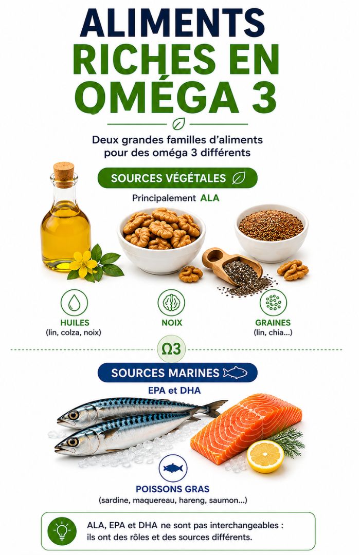 Aliments riches en oméga 3 : poissons huiles graines et noix