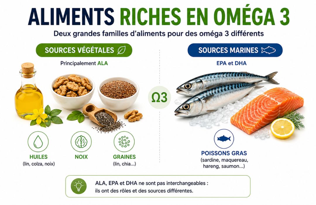 Aliments riches en oméga 3 : poissons, huiles, noix et graines