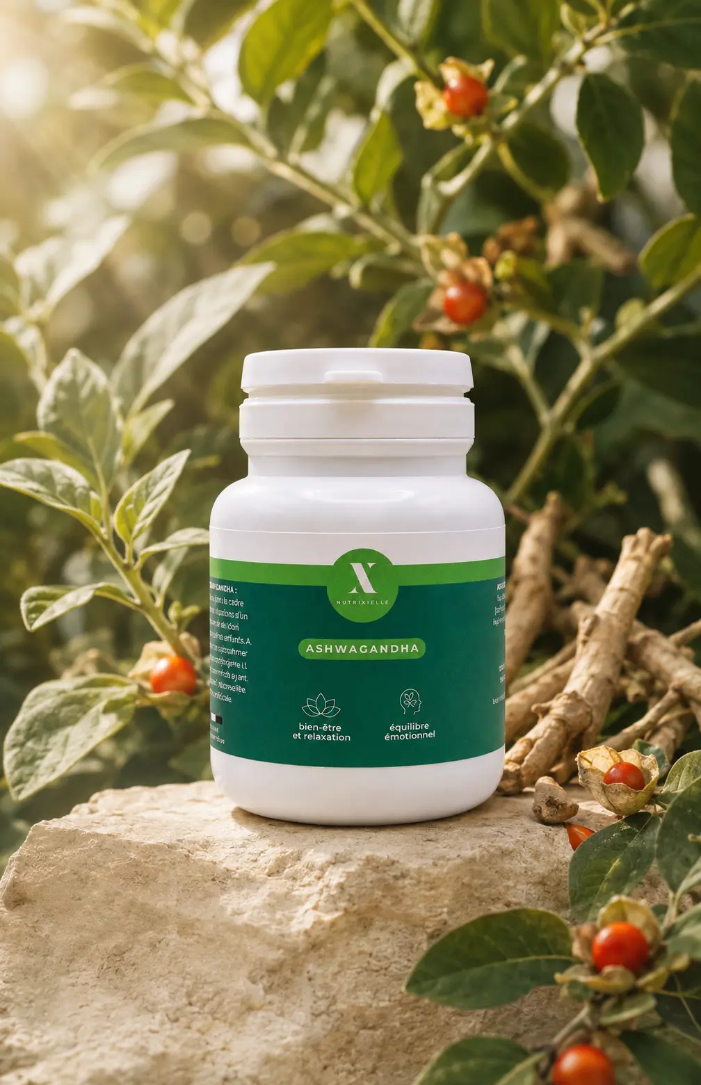 Ashwagandha BIO – Marque française Nutrixielle Flacon d’Ashwagandha BIO Nutrixielle entouré de racines et de la plante ashwagandha