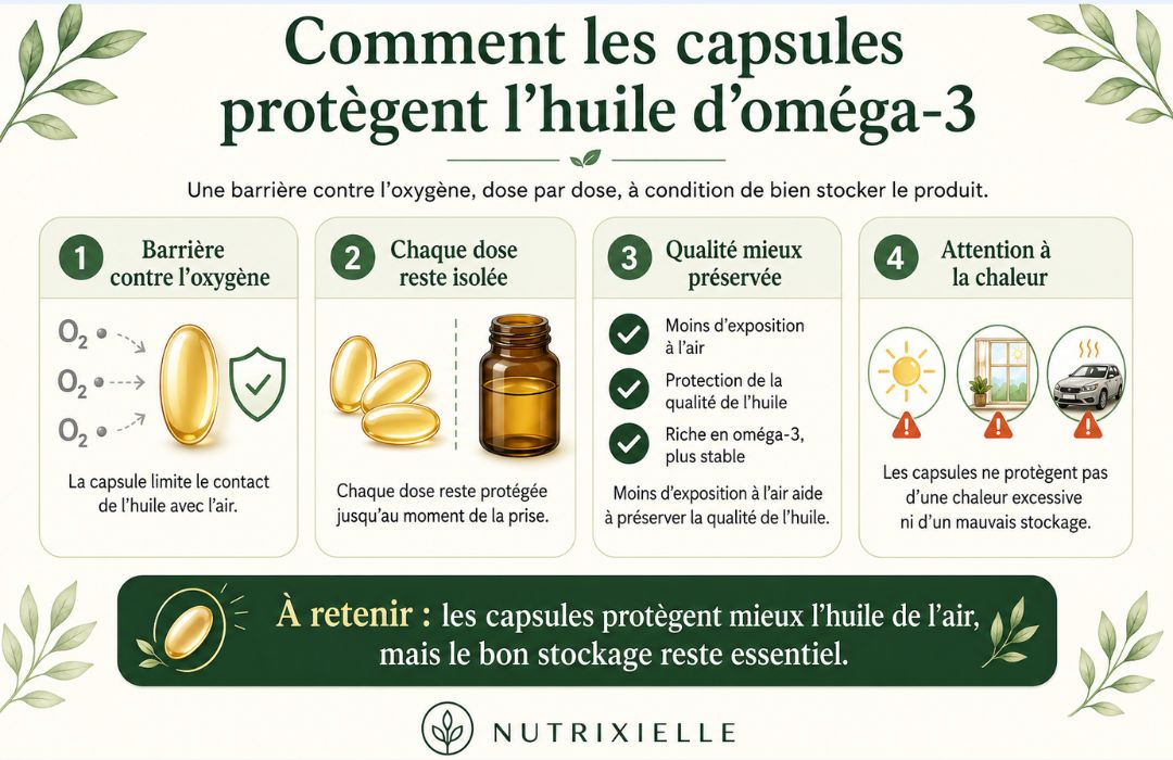 Comment les capsules protègent l’huile d’oméga 3 Infographie expliquant comment les capsules protègent l’huile d’oméga 3 de l’oxygène