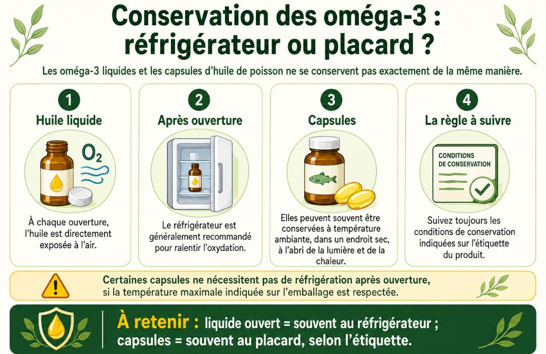 Conservation des oméga 3 : réfrigérateur ou placard ? Infographie sur la conservation des oméga 3 liquides et en capsules au réfrigérateur ou dans un placard