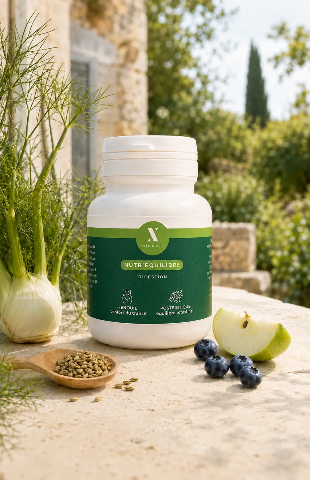Nutr’Équilibre et ses ingrédients – Marque Nutrixielle Flacon Nutr’Équilibre Nutrixielle avec fenouil, myrtilles, pomme et ferment lactique LB
