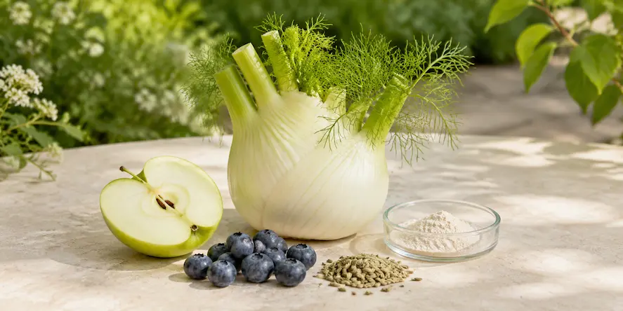 Composition végétale de Nutr’Équilibre – Société Nutrixielle Ingrédients de Nutr’Équilibre Nutrixielle avec fenouil, myrtilles, pomme, graines et ferment lactique