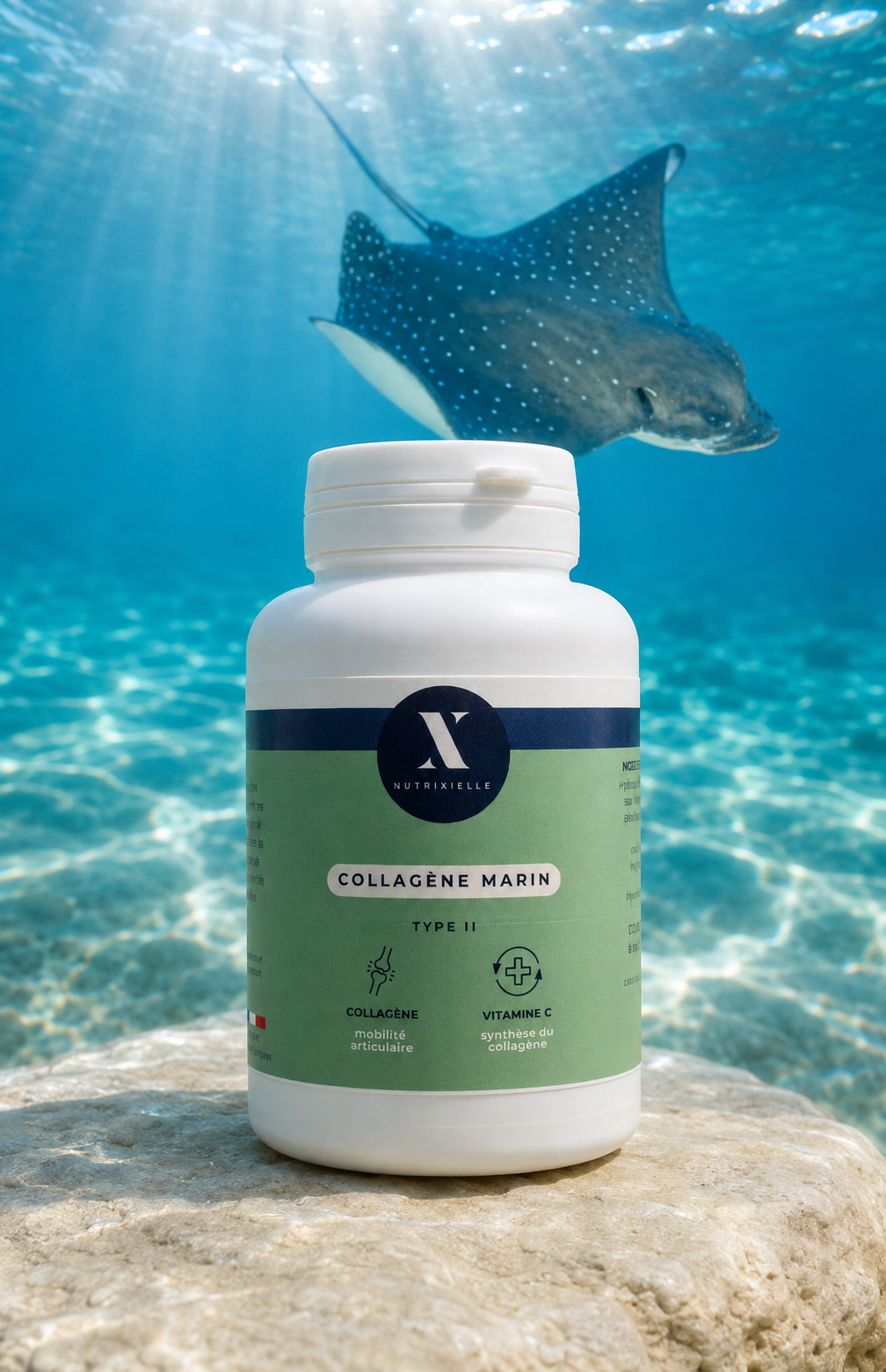 Raie et collagène type 2 marin cartidyss Nutrixielle Flacon de Collagène marin Type II Nutrixielle devant une raie
