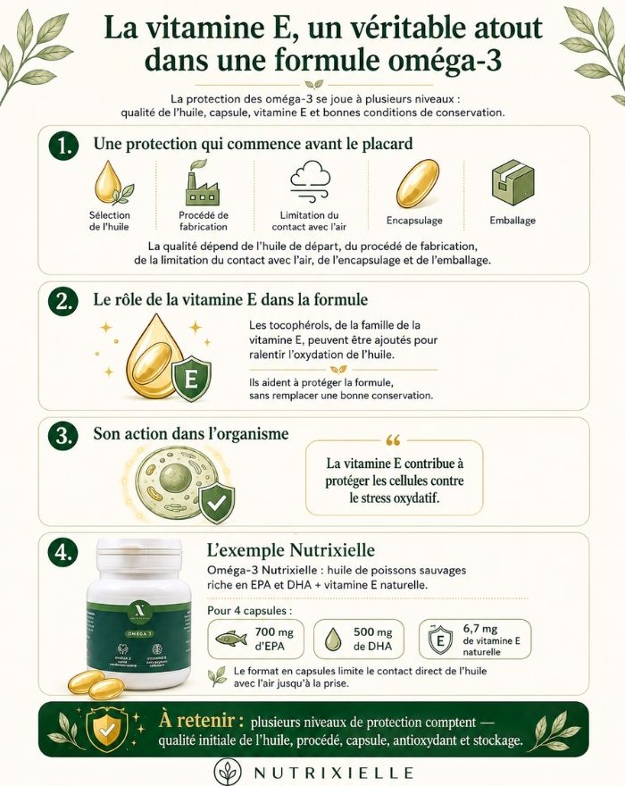 Vitamine E et oméga 3 : rôle dans la formule Infographie sur le rôle de la vitamine E dans une formule d’oméga 3