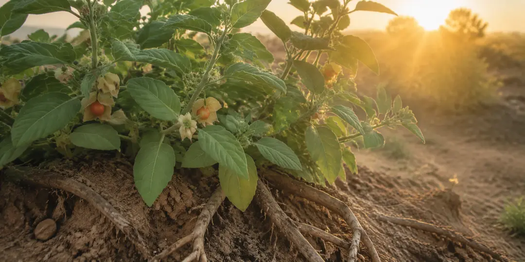 Plante et racines d’Ashwagandha BIO – Nutrixielle Légende Plante d’ashwagandha avec ses racines et ses baies dans un champ au soleil couchant