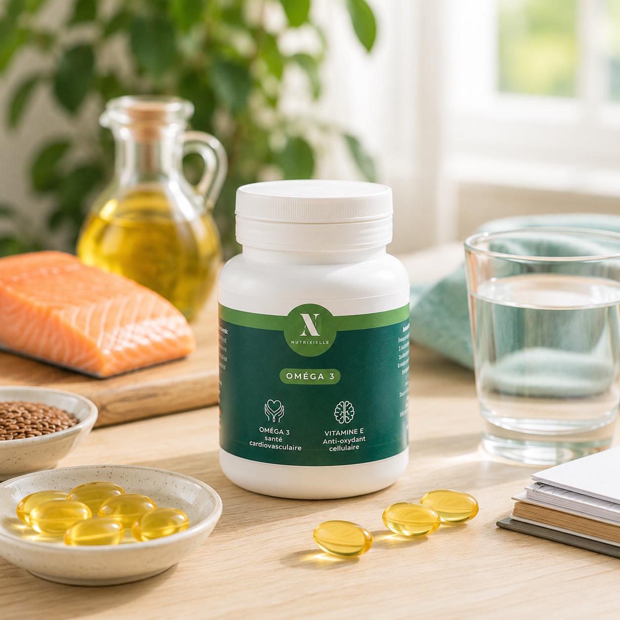 Bienfaits des oméga 3 EPA et DHA – Nutrixielle Flacon Oméga 3 Nutrixielle et gélules d’EPA et DHA