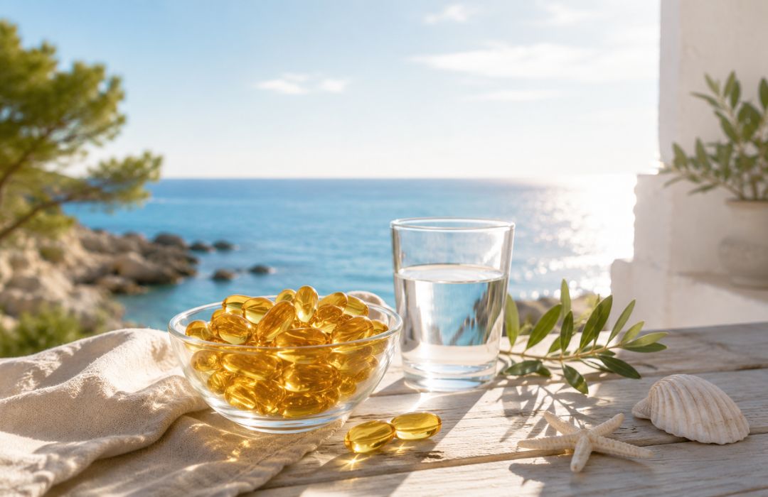 Capsules d’oméga-3 dans un décor marin ensoleillé