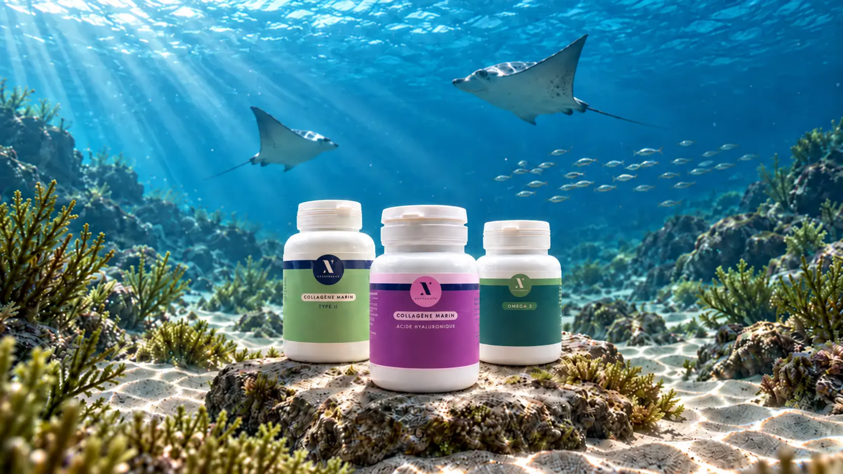 Actifs marins collagènes oméga3-Nutrixielle Trois compléments aux actifs marins Nutrixielle avec des raies et des poissons
