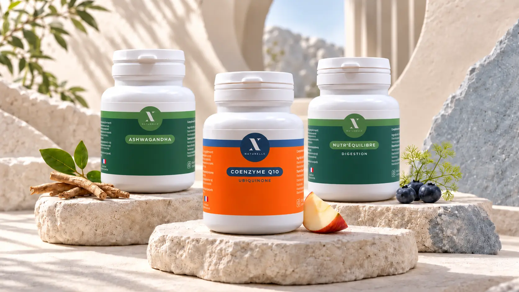 Actifs végétaux et fermentation - Nutrixielle Actifs végétaux de la marque Nutrixielle : ashwagandha, Coenzyme Q10 et Nutr'Équilibre-digestion