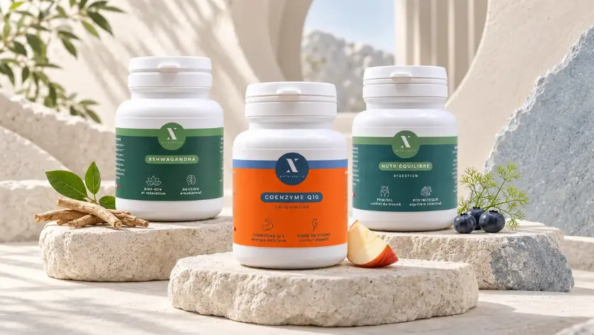 Actifs végétaux et issus de fermentation Nutrixielle Compléments Nutrixielle Ashwagandha, Nutr’Équilibre et Coenzyme Q10 dans un décor minéral