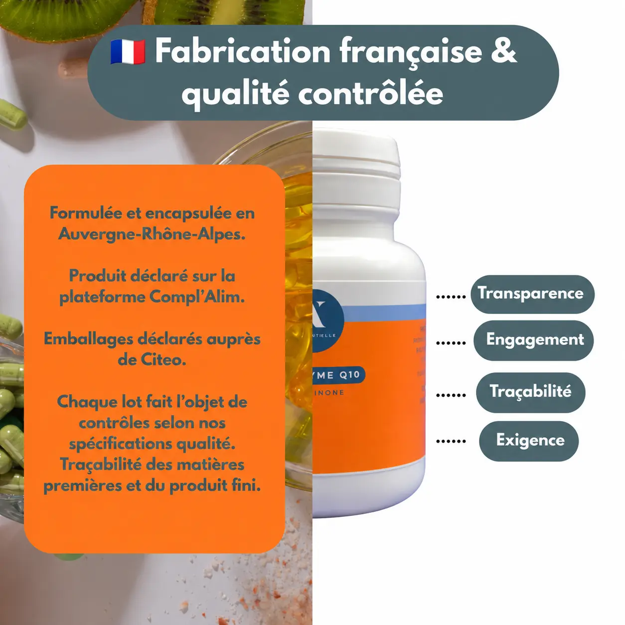 Infographie sur la fabrication française et les contrôles qualité de la Coenzyme Q10 Nutrixielle