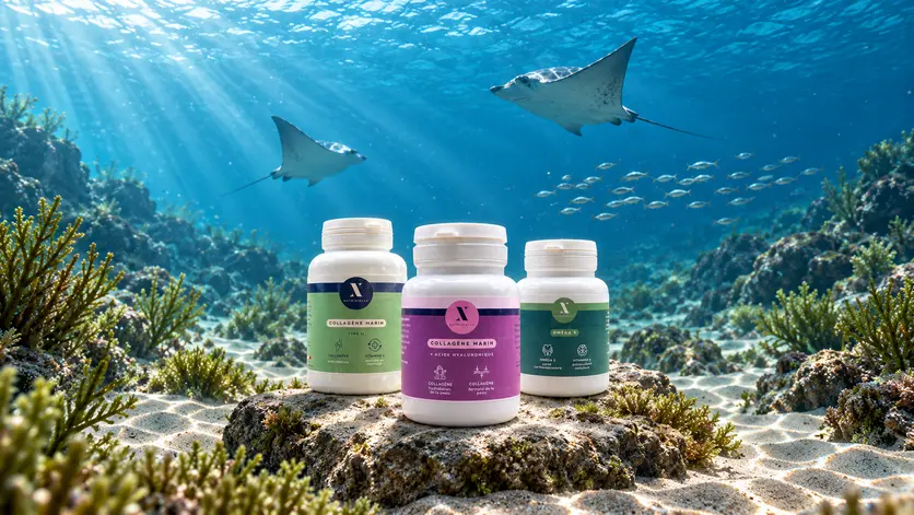 Actifs marins Nutrixielle – Collagènes et Oméga 3 Trois compléments aux actifs marins Nutrixielle avec des raies et des poissons