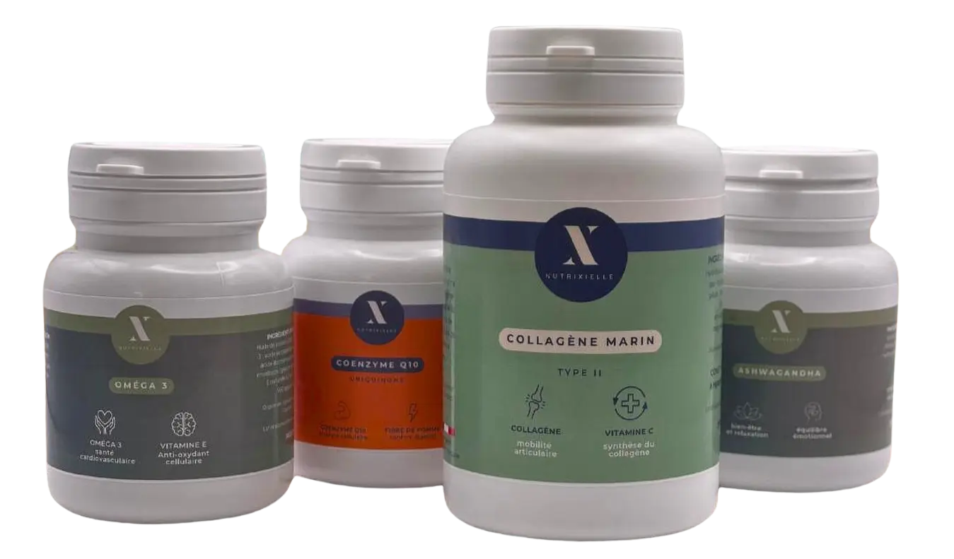Gamme de compléments alimentaires Nutrixielle Compléments alimentaires Nutrixielle : collagène marin, oméga 3, CoQ10 et ashwagandha
