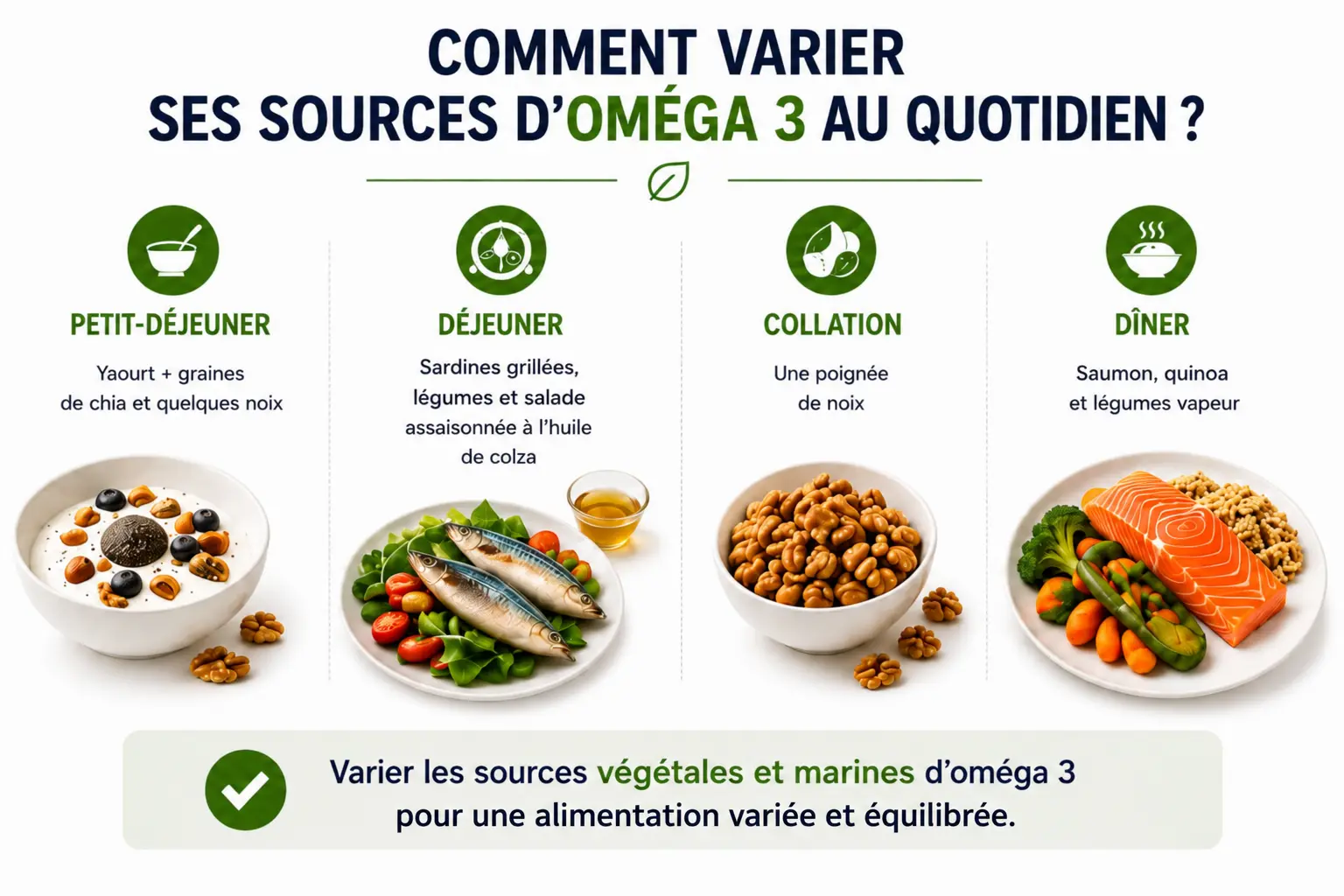 Exemples de sources alimentaires d’oméga 3 au cours de la journée